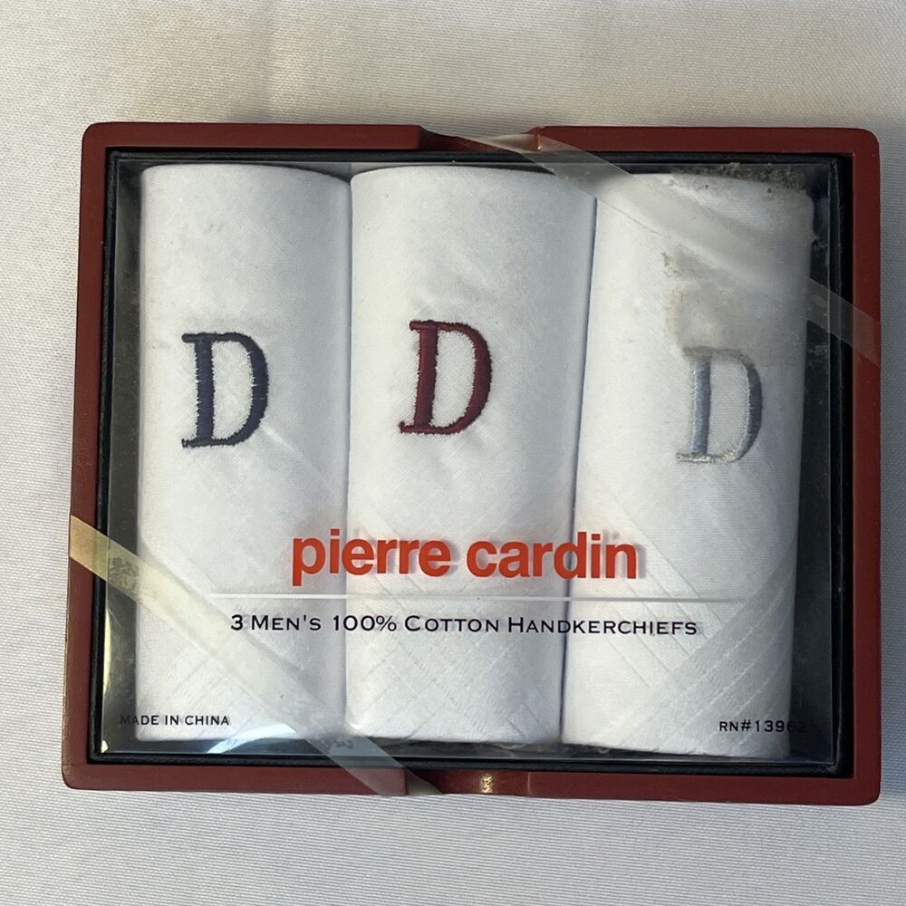 Pierre Cardin Men’s Handkerchiefs 100% Cotton Set of 3 Boxed New Embroidered "D"